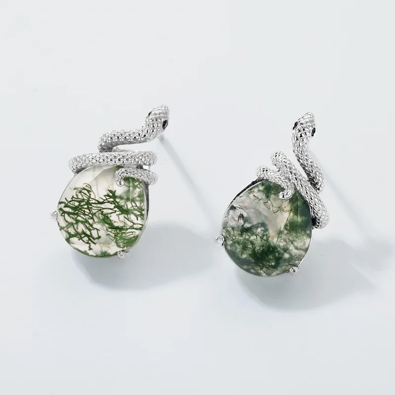 Jewelyking S925 Sterling Silver Plated Snake Moss Agate Elegant Anniversary Engagement Stud Earrings JKES0098