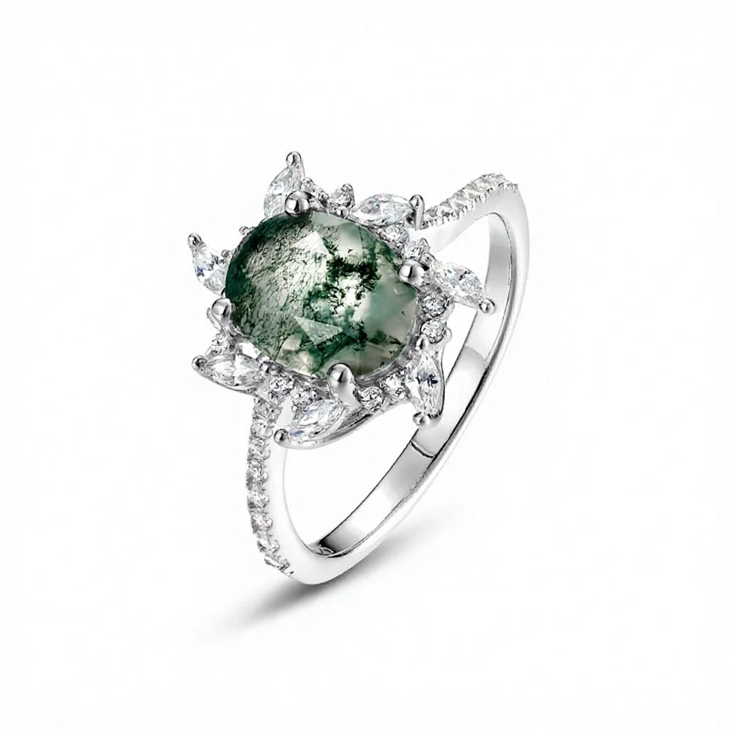 JewelyKing S925 Sterling Silver Moss Agate Natural Gemstone Wedding Ring JKRS0176