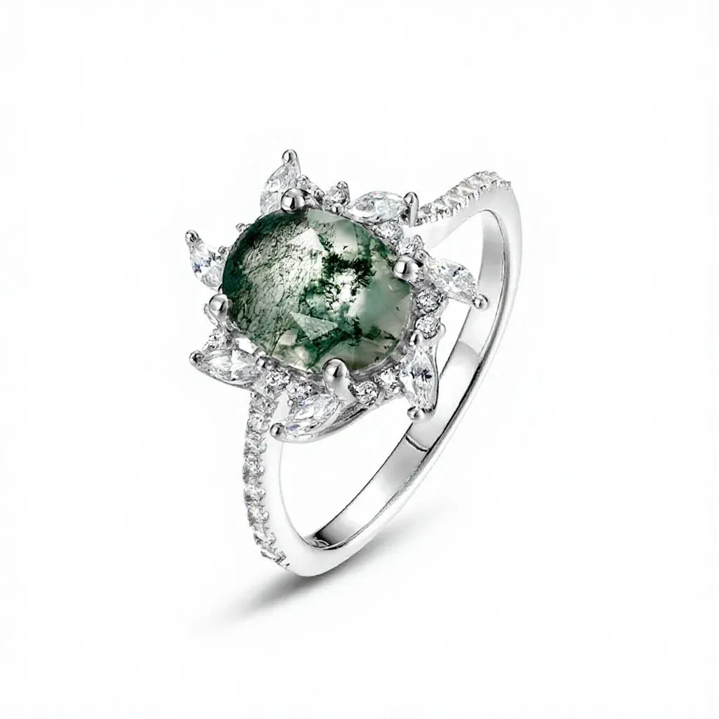 JewelyKing S925 Sterling Silver Moss Agate Natural Gemstone Wedding Ring JKRS0176