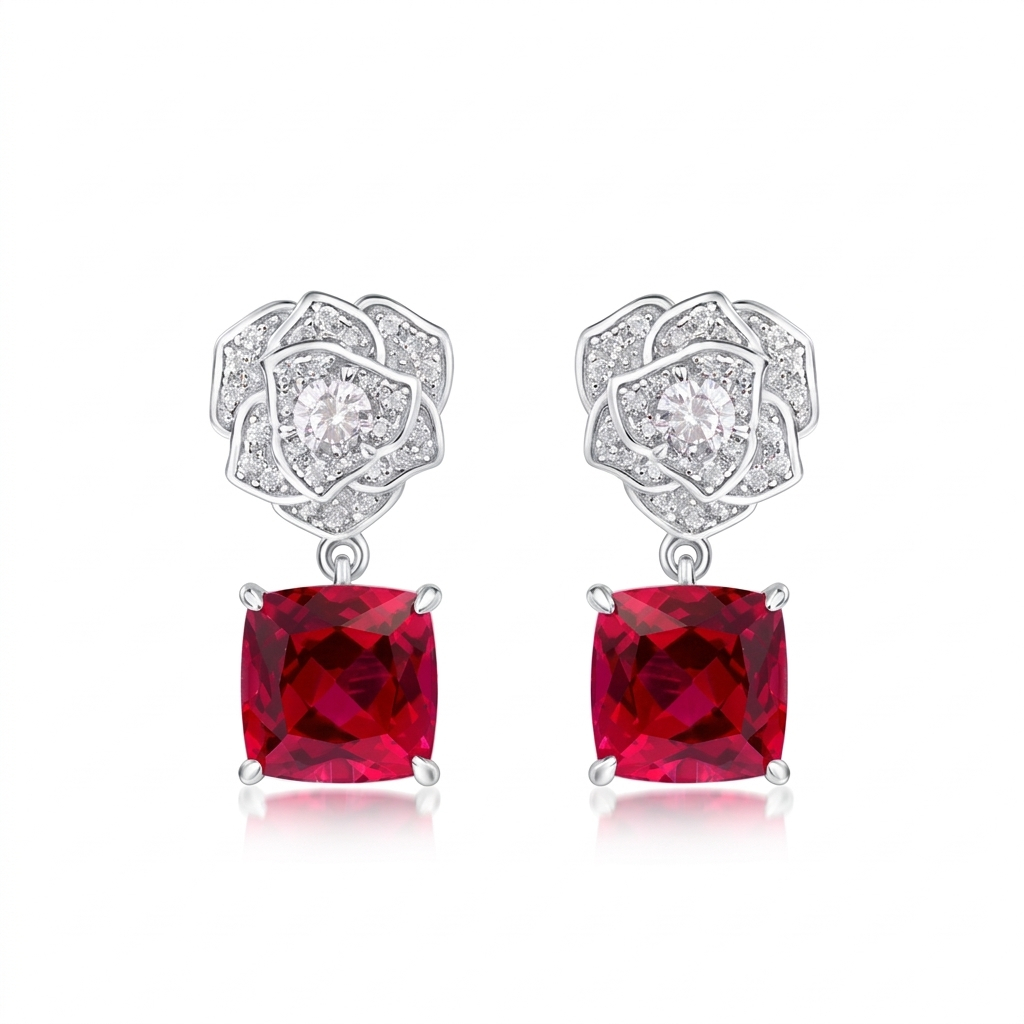JewelyKing S925 Silver Lab Grown Rubies Inlaid Colored Earring JKES0139
