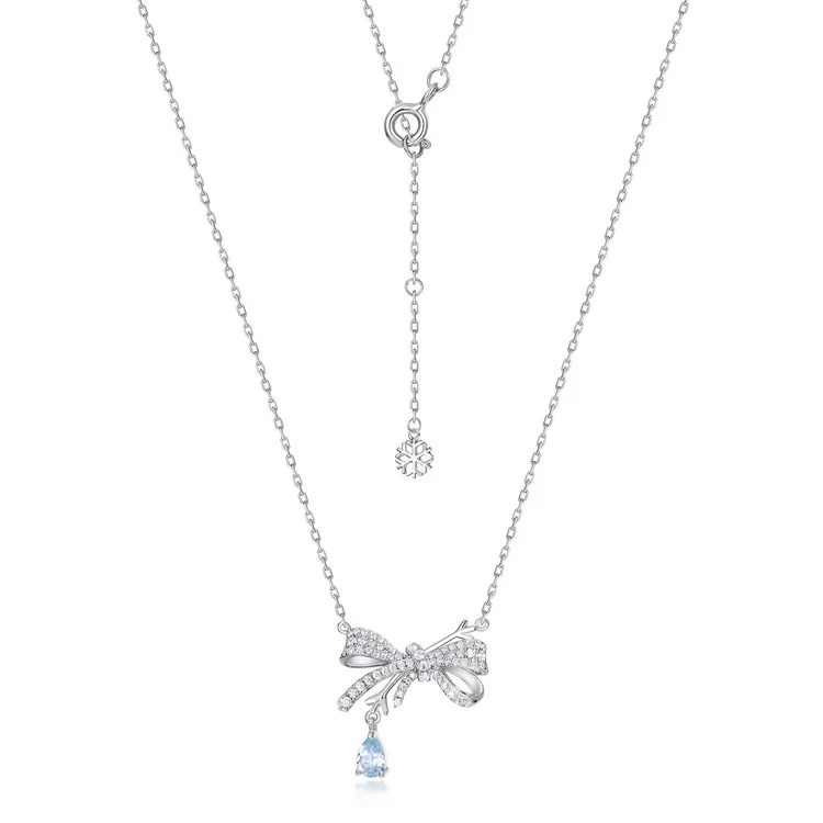 JewelyKing S925 Sterling Silver Cubic Zircon Bowknot Chain Pear Pendant Blue Topaz Necklace JKNS0138