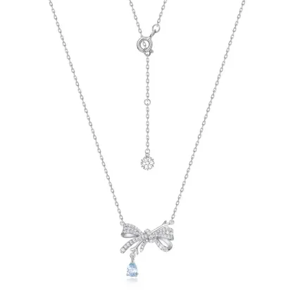 JewelyKing S925 Sterling Silver Cubic Zircon Bowknot Chain Pear Pendant Blue Topaz Necklace JKNS0138