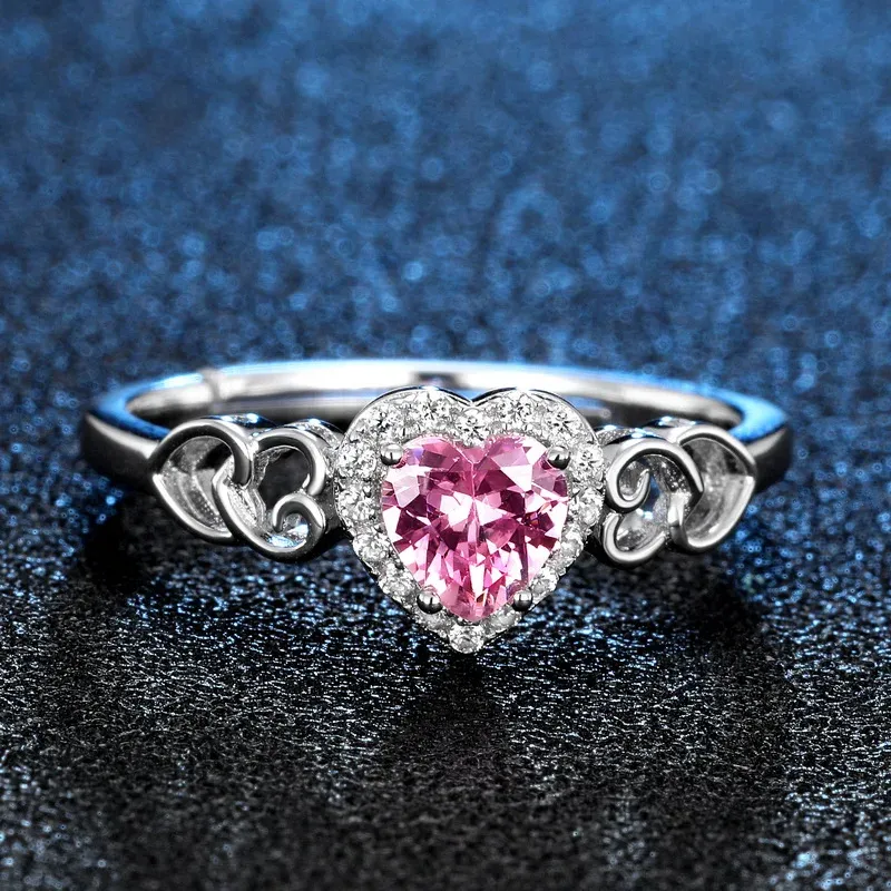 JewelyKing S925 Sterling Silver Pink Heart Spinel Side Inlaid Cz Diamond Engagement Ring JKRS0261