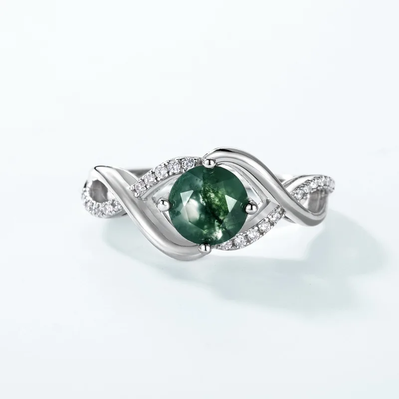 JewelyKing S925 Sterling Silver Classic Design Green Moss Agate Timeless Wedding Ring JKRS0164