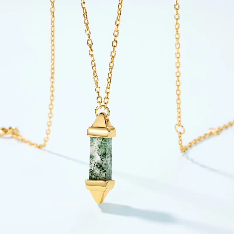 Jewelyking Natural Green Moss Agate 18K Gold Healing Gemstone Hexagonal Dot Necklace Pendant JKNS0100