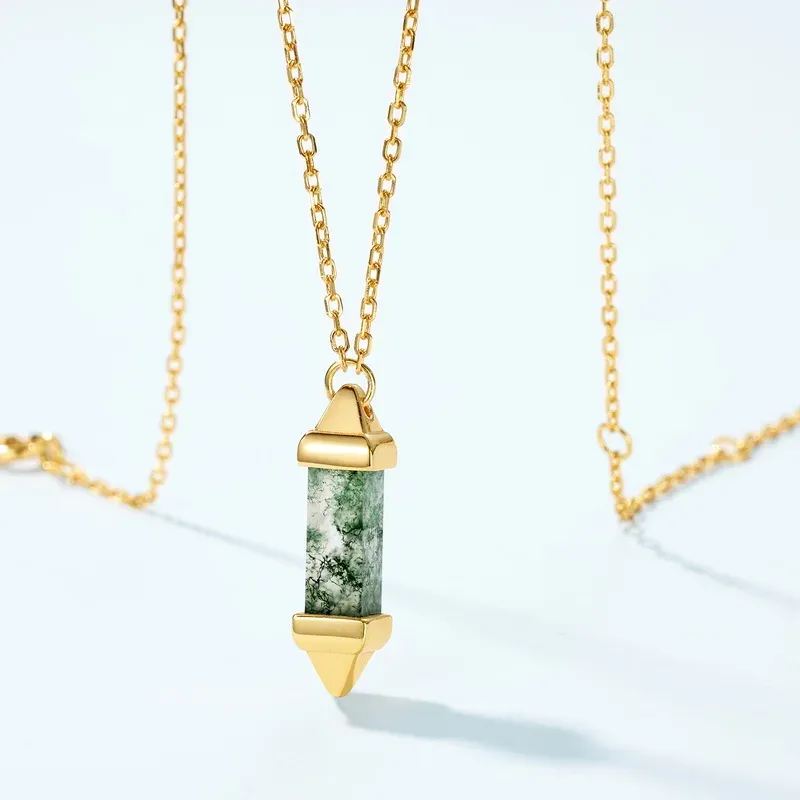 Jewelyking Natural Green Moss Agate 18K Gold Healing Gemstone Hexagonal Dot Necklace Pendant JKNS0100
