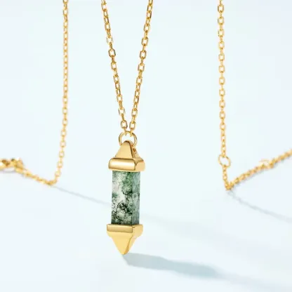 Jewelyking Natural Green Moss Agate 18K Gold Healing Gemstone Hexagonal Dot Necklace Pendant JKNS0100