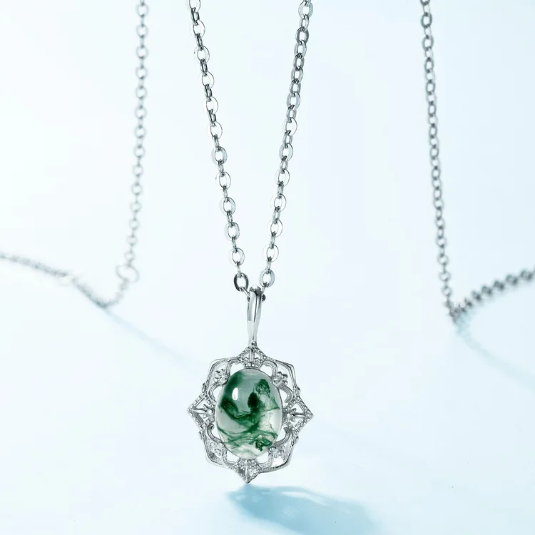 Jewelyking S925 Sterling Silver Gemstone Vintage Moss Agate Necklace Pendant JKNS0079
