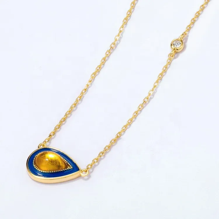 JewelyKing S925 Sterling Silver Big Amber Drop Shape Pendant Women Necklace JKNS0162