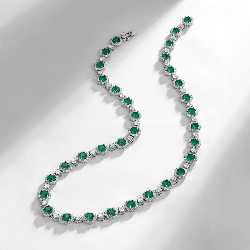 S925 Sterling Silver Green Glass Tennis Necklace for Women Halo Design Round Cut CZ Accent Statement Choker Necklace