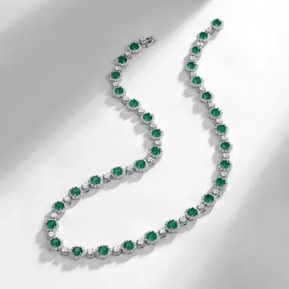 S925 Sterling Silver Green Glass Tennis Necklace for Women Halo Design Round Cut CZ Accent Statement Choker Necklace