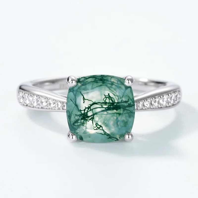 JewelyKing S925 Sterling Silver Moss Agate Cushion Cut Natural Green Moss Stone Jewelry Ring JKRS0006