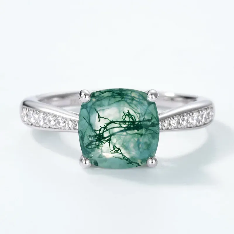 JewelyKing S925 Sterling Silver Moss Agate Cushion Cut Natural Green Moss Stone Jewelry Ring JKRS0006