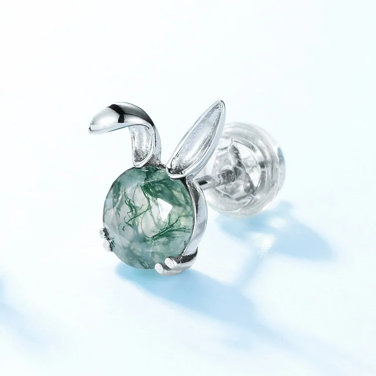 Jewelyking S925 Sterling Silver Moss Agate Cute Animals Rabit Earrings Stud JKES0075