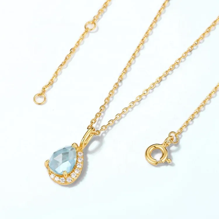 JewelyKing  S925 Silver Sky Blue Topaz Pendant Dainty Pear Shape Luxury Pendant Necklace JKNS0169