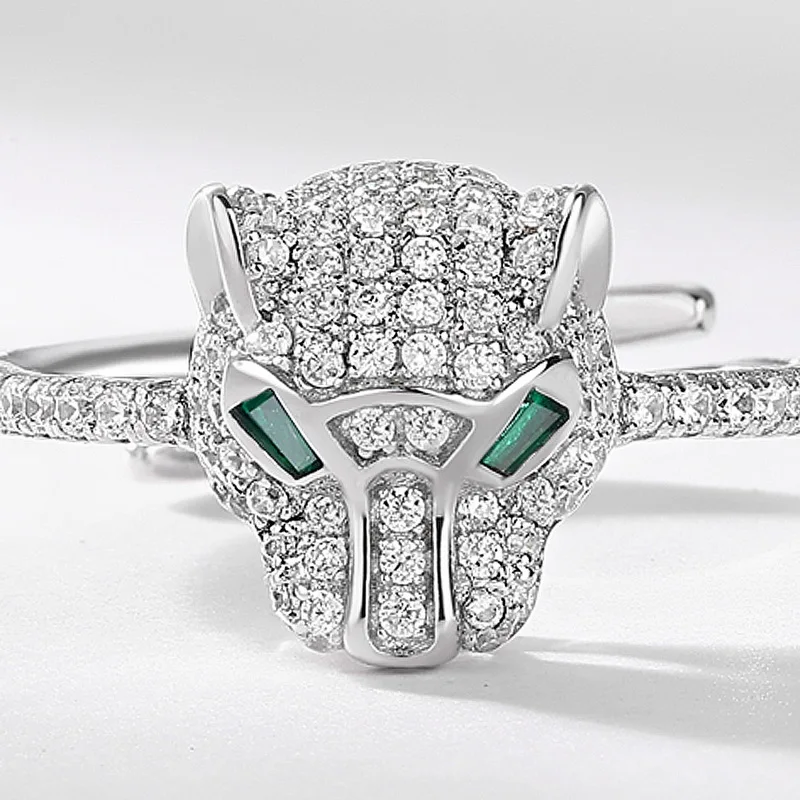 JewelyKing S925 Sterling Silver Panther Cubic Zirconia Green Spinel Jaguar Jewelry Animal Ring JKRS0259