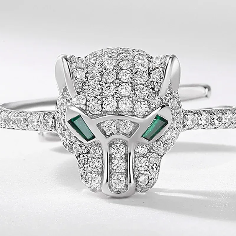 JewelyKing S925 Sterling Silver Panther Cubic Zirconia Green Spinel Jaguar Jewelry Animal Ring JKRS0259