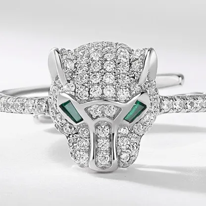 JewelyKing S925 Sterling Silver Panther Cubic Zirconia Green Spinel Jaguar Jewelry Animal Ring JKRS0259