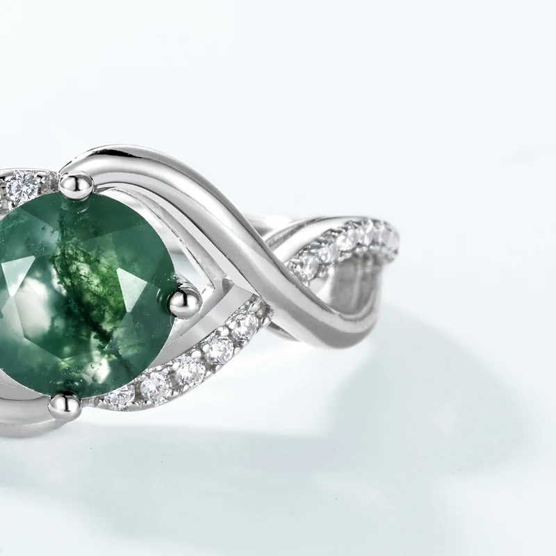 JewelyKing S925 Sterling Silver Classic Design Green Moss Agate Timeless Wedding Ring JKRS0164