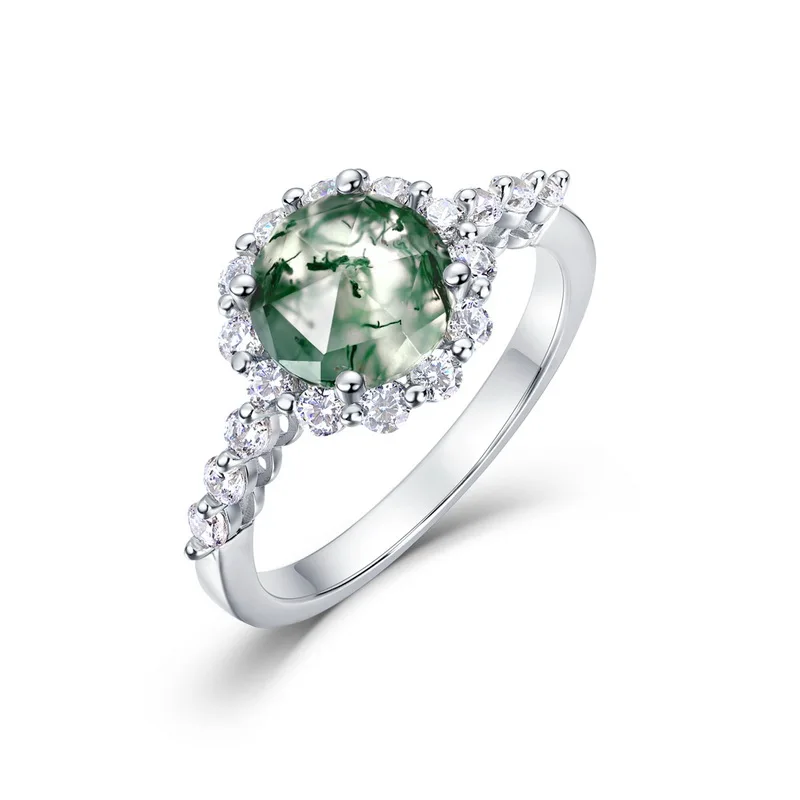 JewelyKing S925 Sterling Silver Round Green Moss Agate Halo Twisted Shank CZ Accent Vintage Nature Inspired Engagement Ring JKRS0192