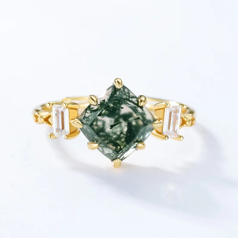 JewelyKing S925 Sterling Silver Oval Green Moss Agate Ring Natural Moss Agate Engagement Rings JKRS0133