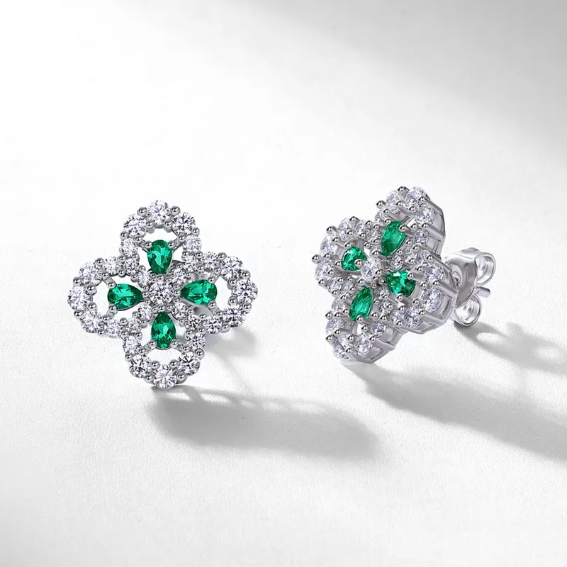 Fine Jewelry Pear Cut Lab Grown Emerald Flower Shaped 925 Sterling Silver Earrings for Women Anniversary Gifts