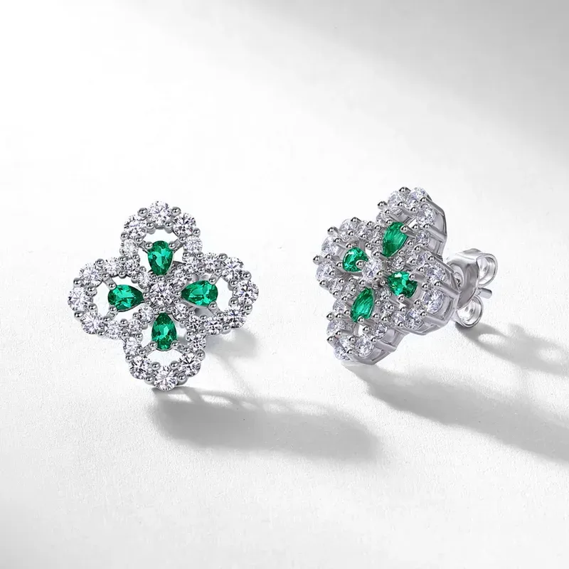 Fine Jewelry Pear Cut Lab Grown Emerald Flower Shaped 925 Sterling Silver Earrings for Women Anniversary Gifts