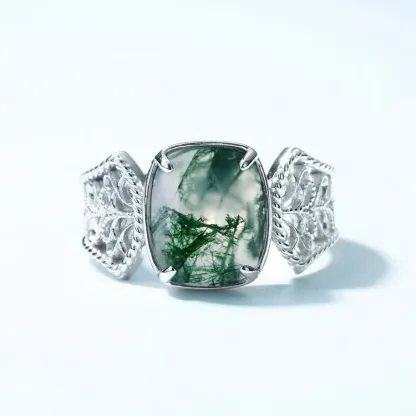 JewelyKing S925 Sterling Silver Green Moss Fashion Seaweed Agate Ring JKRS0220