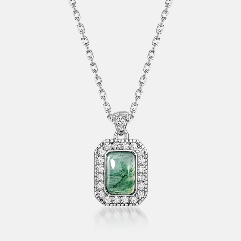 Jewelyking S925 Sterling Silver Emerald Cut Green Agate Moss Pendant Necklace JKNS0094
