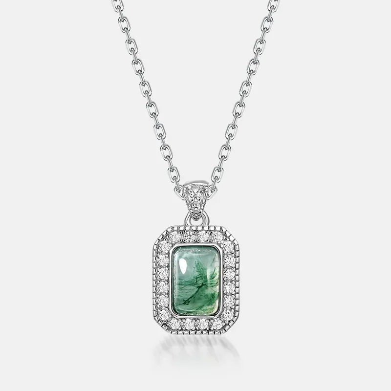 Jewelyking S925 Sterling Silver Emerald Cut Green Agate Moss Pendant Necklace JKNS0094