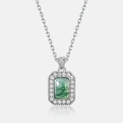 Jewelyking S925 Sterling Silver Emerald Cut Green Agate Moss Pendant Necklace JKNS0094