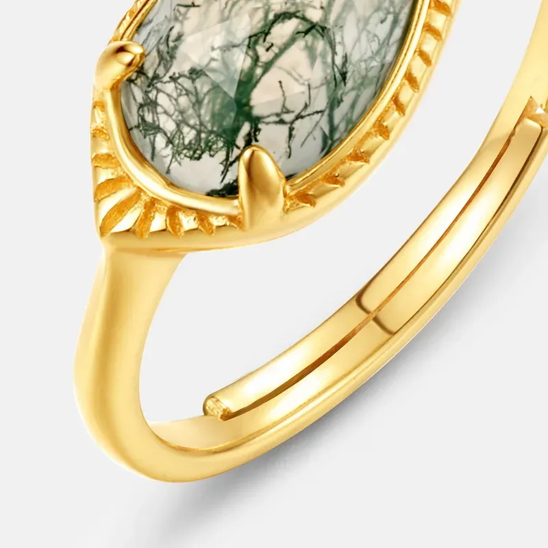 JewelyKing S925 Silver Silver 18k Gold Plated  Vintage Natural Green Moss Agate Emerald Claw Ring JKRS0170
