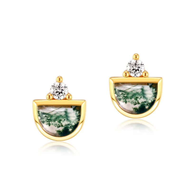 Jewelyking S925 Sterling Silver Green Moss Agate Silver Natural Gemstone Stud Earrings JKES0081