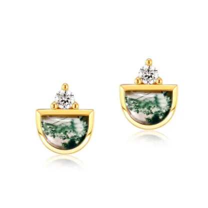 Jewelyking S925 Sterling Silver Green Moss Agate Silver Natural Gemstone Stud Earrings JKES0081