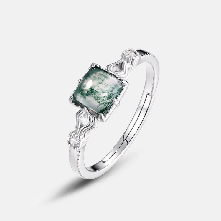 JewelyKing S925 Solid Sterling Silver Green Moss Adjustable Natural Gemstone Moss Agate Adjustable Wedding Ring JKRS0146