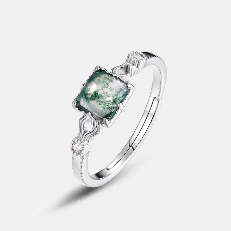 JewelyKing S925 Solid Sterling Silver Green Moss Adjustable Natural Gemstone Moss Agate Adjustable Wedding Ring JKRS0146