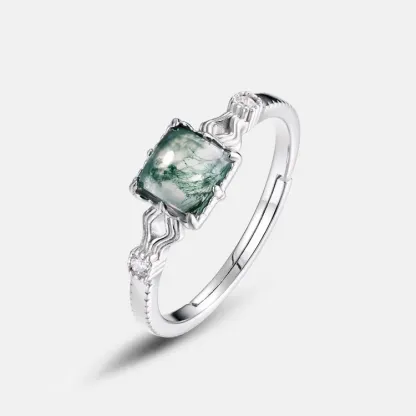 JewelyKing S925 Solid Sterling Silver Green Moss Adjustable Natural Gemstone Moss Agate Adjustable Wedding Ring JKRS0146