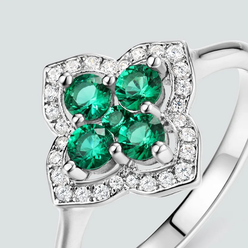 Four Leaf Clover Flower Lab Grown Emerald Premium Design for Women Silver Ring Gemstone 925