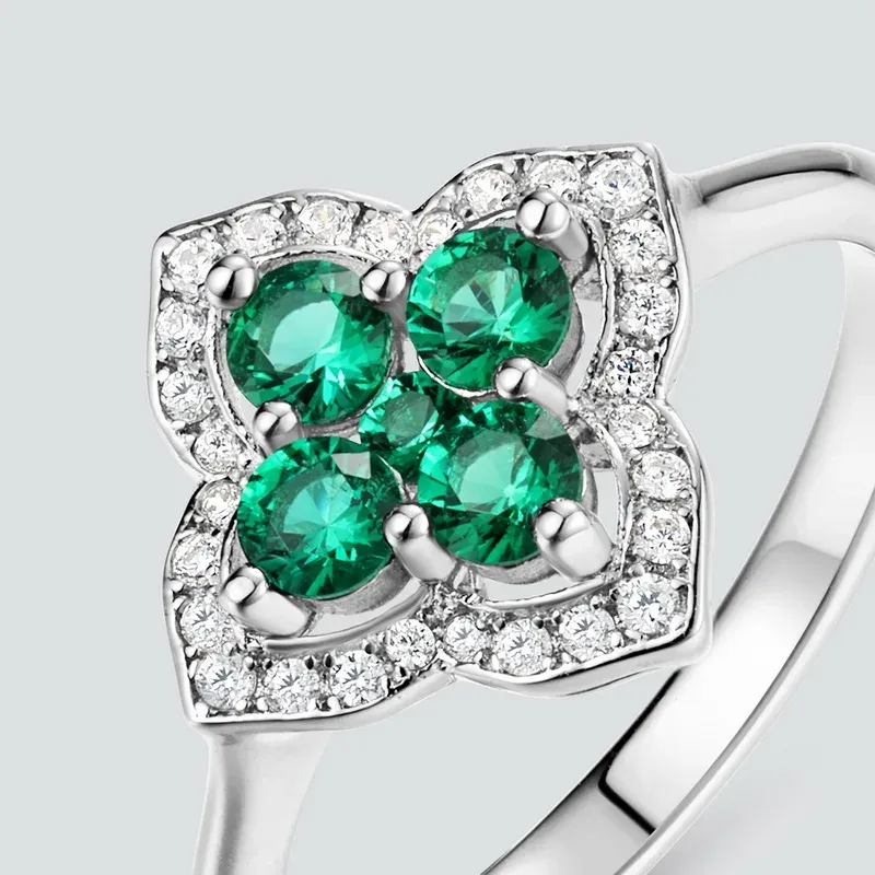 Four Leaf Clover Flower Lab Grown Emerald Premium Design for Women Silver Ring Gemstone 925