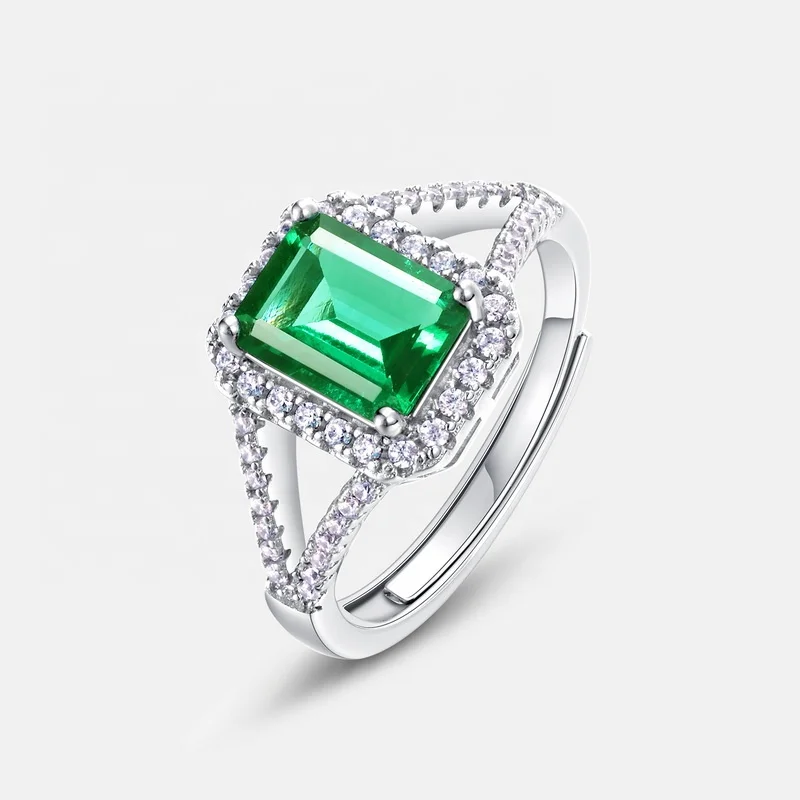 Wholesale Silver 925 Green Gemstone Open Jewelry Luxury Cubic Zirconia Ring Lab Grown Emerald Engagement Ring