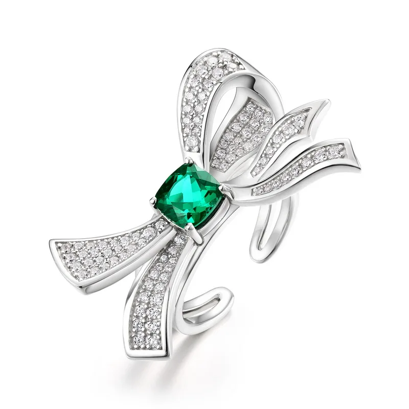 New Cushion Cut Half Bow Knot Lab Grown Emerald Ring S925 Sterling Silver French Style Daily Commuting Jewelry for Women