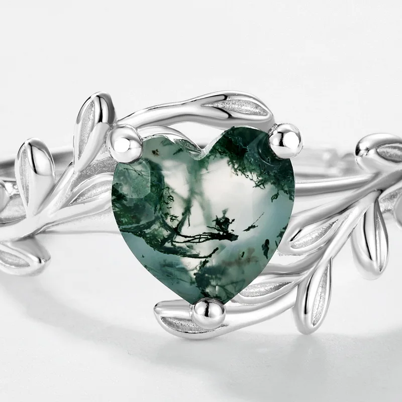 JewelyKing S925 Sterling Silver Heart Shaped Moss Agate Green Gemstone Light Luxury Ring JKRS0187
