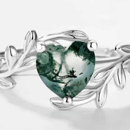 JewelyKing S925 Sterling Silver Heart Shaped Moss Agate Green Gemstone Light Luxury Ring JKRS0187