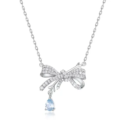 JewelyKing S925 Sterling Silver Cubic Zircon Bowknot Chain Pear Pendant Blue Topaz Necklace JKNS0138