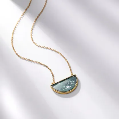 Jewelyking S925 Sterling Silver Noble 18K Gold Plated Half Circle Green Moss Agate Pendant Necklace JKNS0098