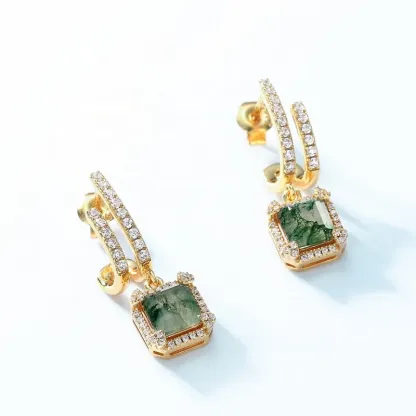 Jewelyking S925 Sterling Silver Natural Green Moss Agate Stone 18k Gold Drop Earrings Wedding JKES0083