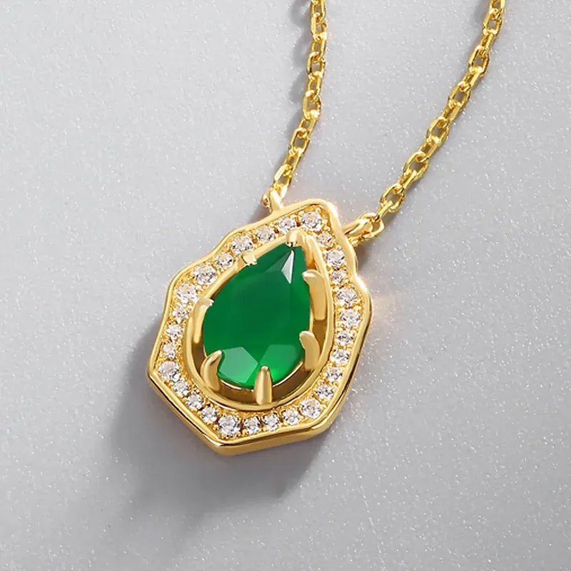 JewelyKing 14K Gold Plated Halo Pear Charm Green Agate Pendant Necklace JKNS0172