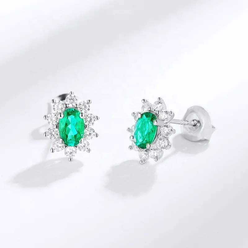 925 Sterling Silver Classic Elegant Cubic Zircon Stud Earring Bling Diamond Lab Grown Emerald Gemstone Stud Earrings for Women