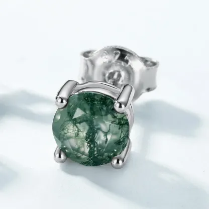 Jewelyking S925 Sterling Silver Round Natural Moss Agate Stud Earring JKES0101