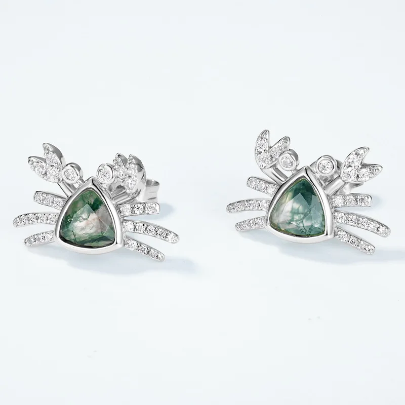 Jewelyking S925 Silver Natural Moss Agate Pave Daily Wear Stud Earrings JKES0103